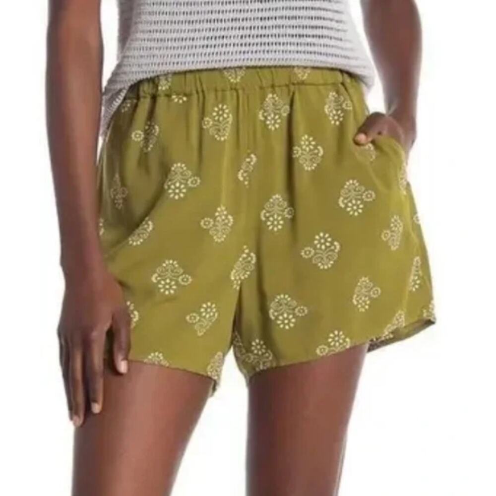 Madewell SZ M Printed Floral Batik Green Pull-On Shorts L5104